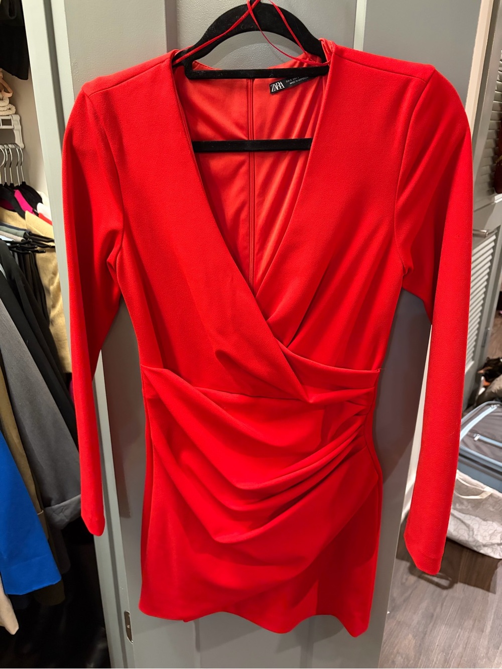 Zara Bright Red Long-Sleeve Wrap-Style Mini Dress